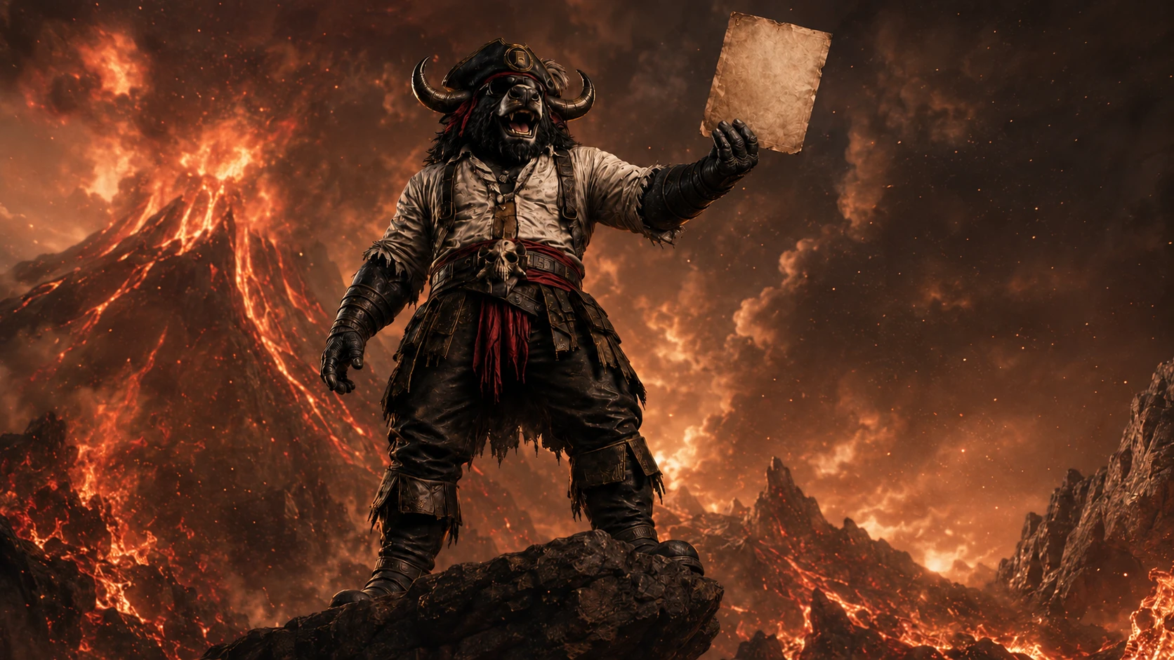 Captain Moosalot holding a map in front of a volcanic mountain