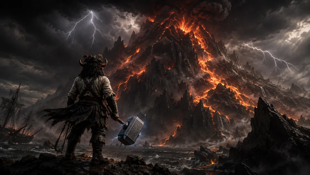 Captain Moosalot facing an erupting volcanic mountain with a hammer in hand