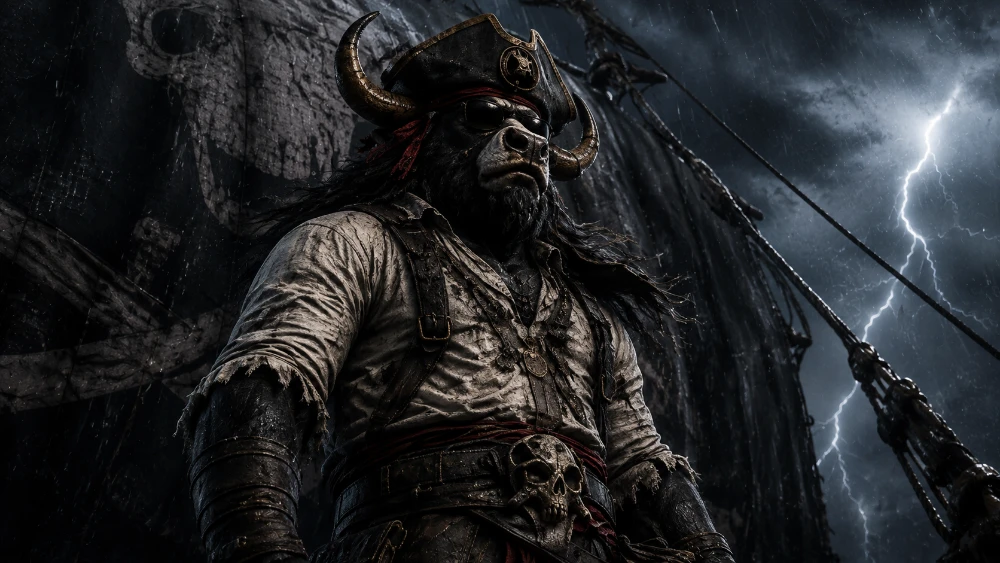 Captain Moosalot standing aboard a ship during a lightning storm