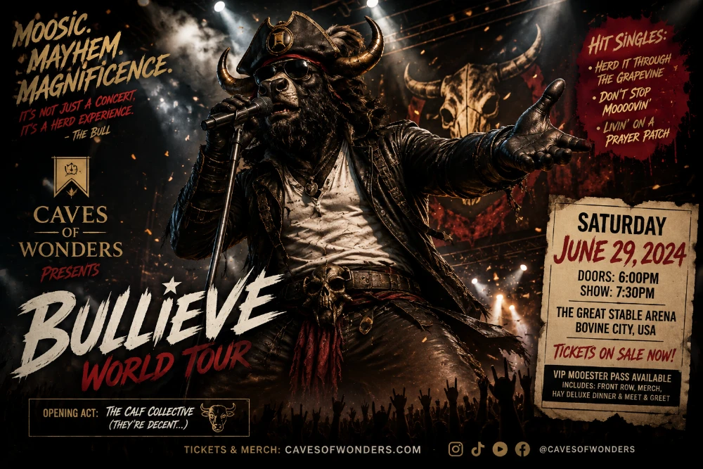 Captain Moosalot performing on a Caves of Wonders Bullieve World Tour poster