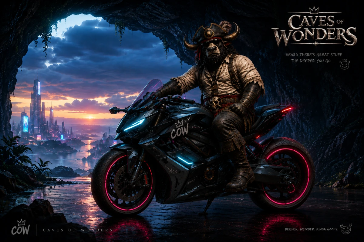 Captain Moosalot on a futuristic motorcycle outside a cave overlooking a city