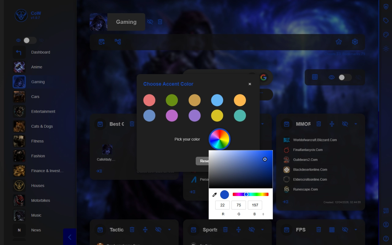 Caves of Wonders showing the accent color picker in a Gaming bookmark cave