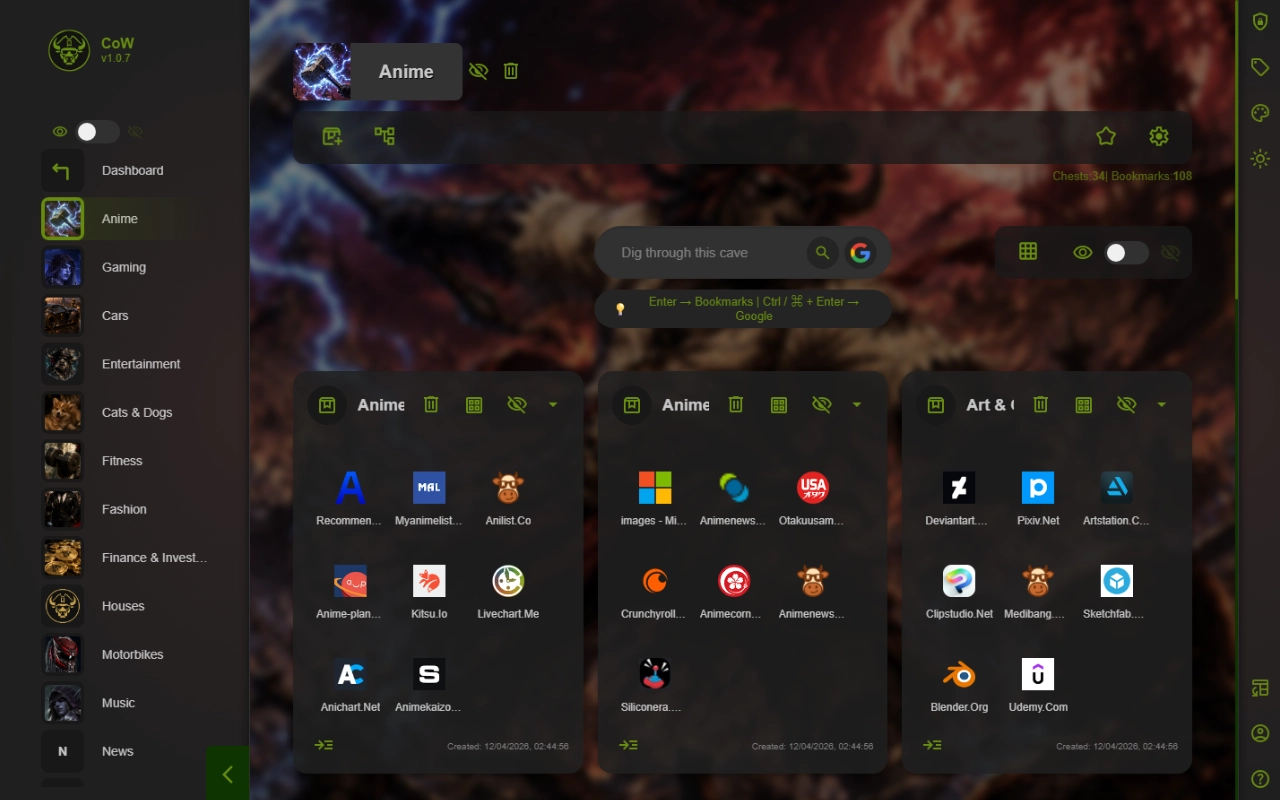 Caves of Wonders showing an Anime bookmark cave with a custom background and bookmark icons