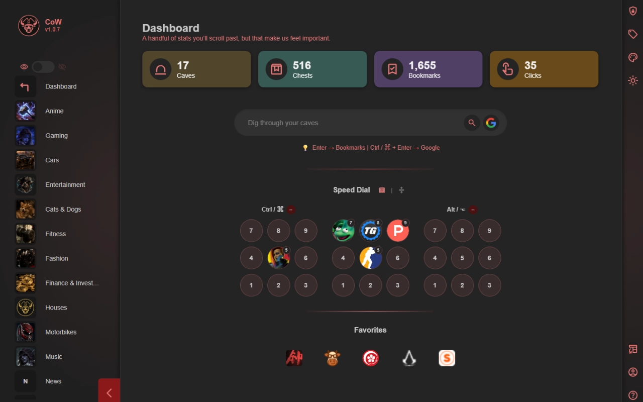 Caves of Wonders dashboard with colorful cave, chest and bookmark statistics
