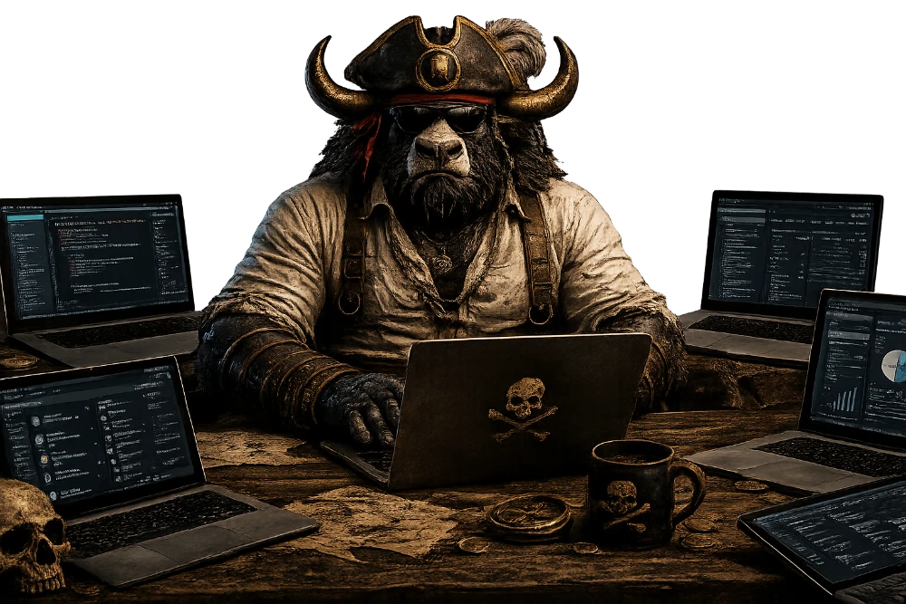 Captain Moosalot working at a desk surrounded by computers