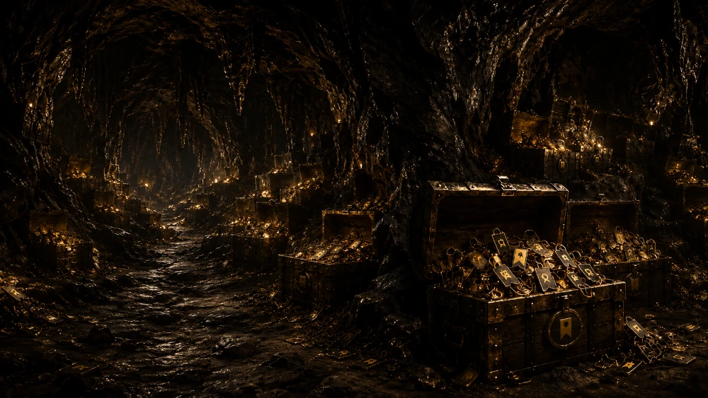 A cave filled with treasure chests and bookmark-shaped charms