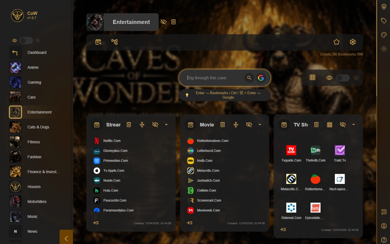 Caves of Wonders showing an Entertainment bookmark cave with grouped bookmark chests