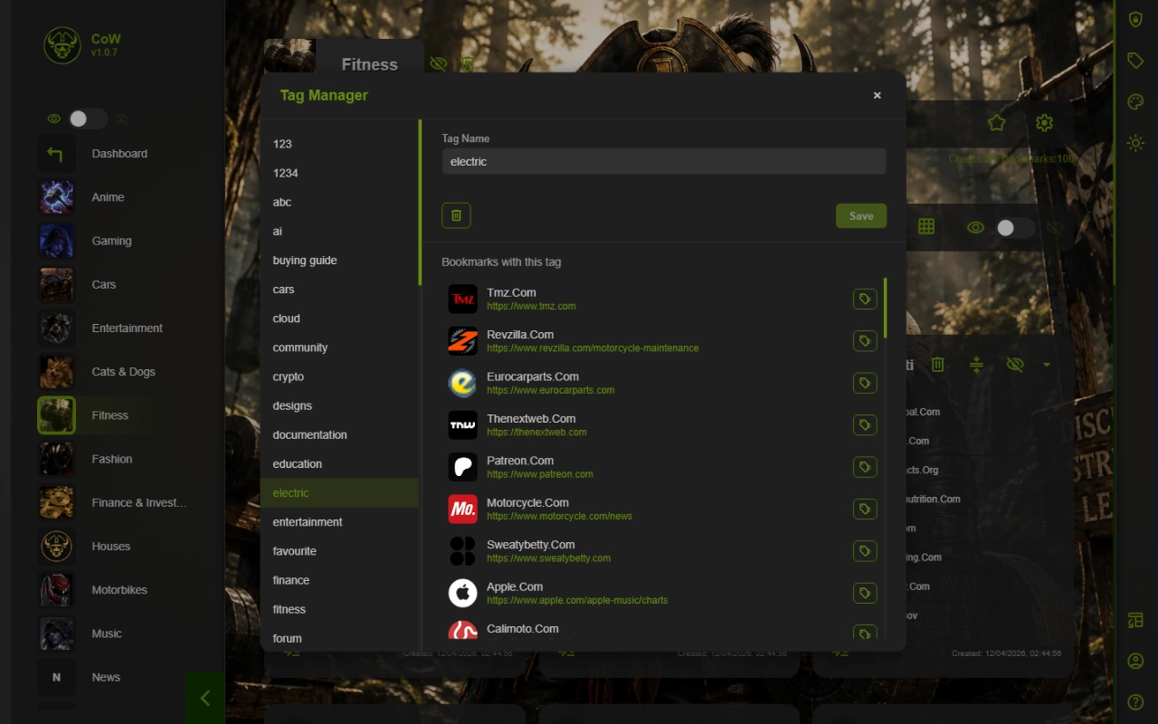 Caves of Wonders tag manager showing bookmarks grouped under a selected tag