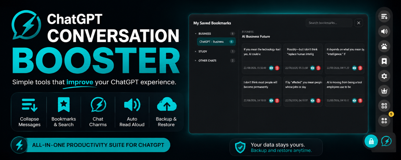 ChatGPT Conversation Booster showing bookmarks, Chat Charms, Auto Read Aloud and backup tools