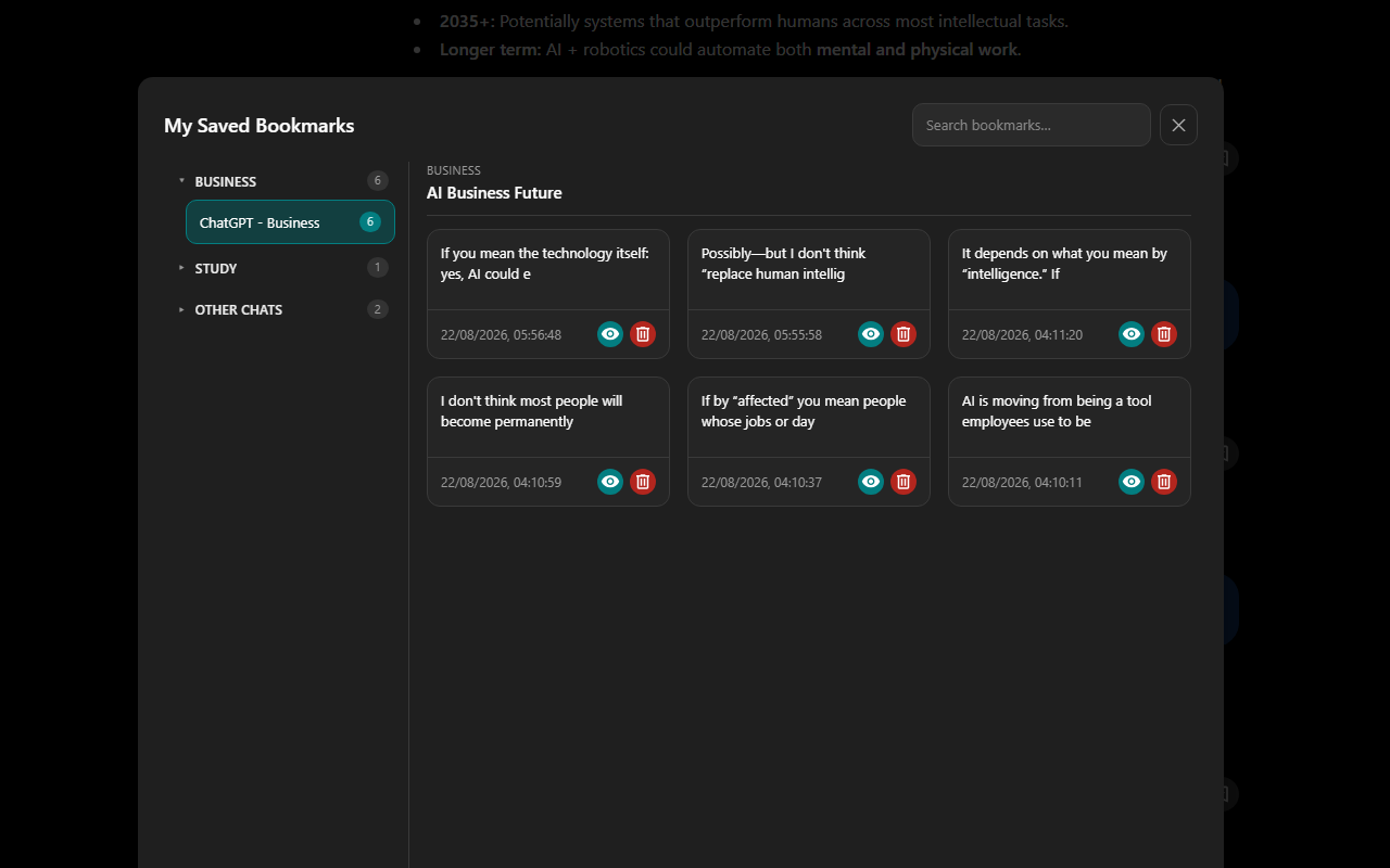 ChatGPT Conversation Booster saved bookmarks screen with search and grouped answers