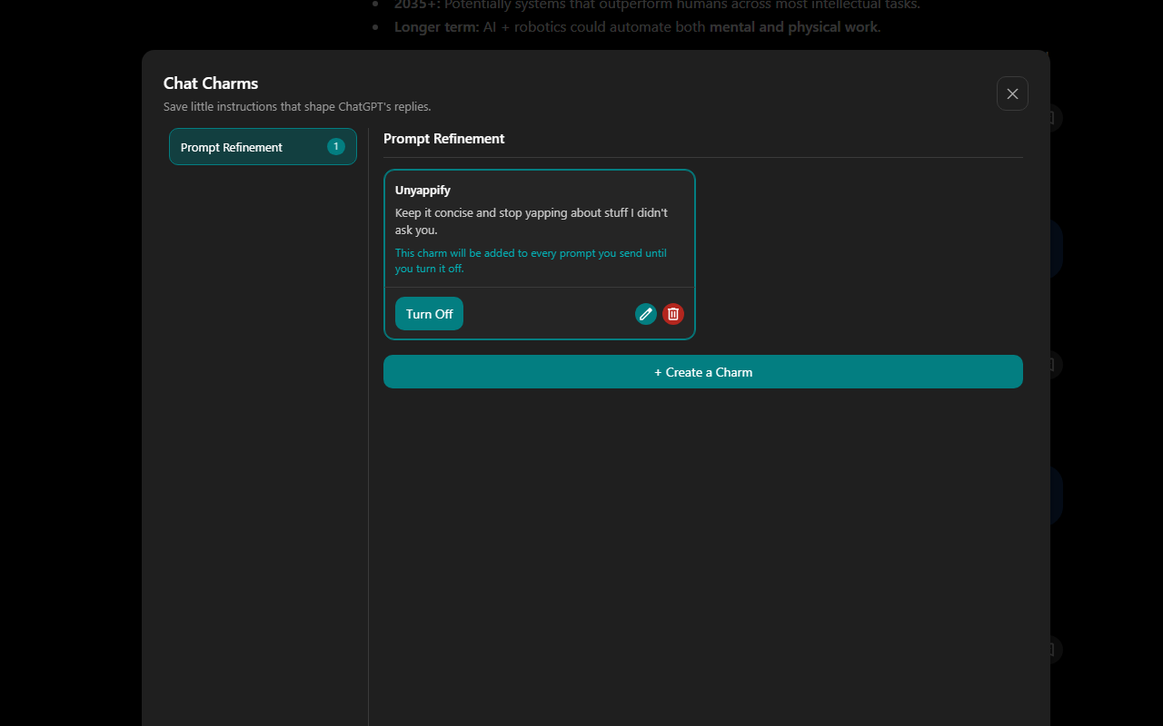 ChatGPT Conversation Booster Chat Charms screen showing a reusable instruction that can be turned on or off