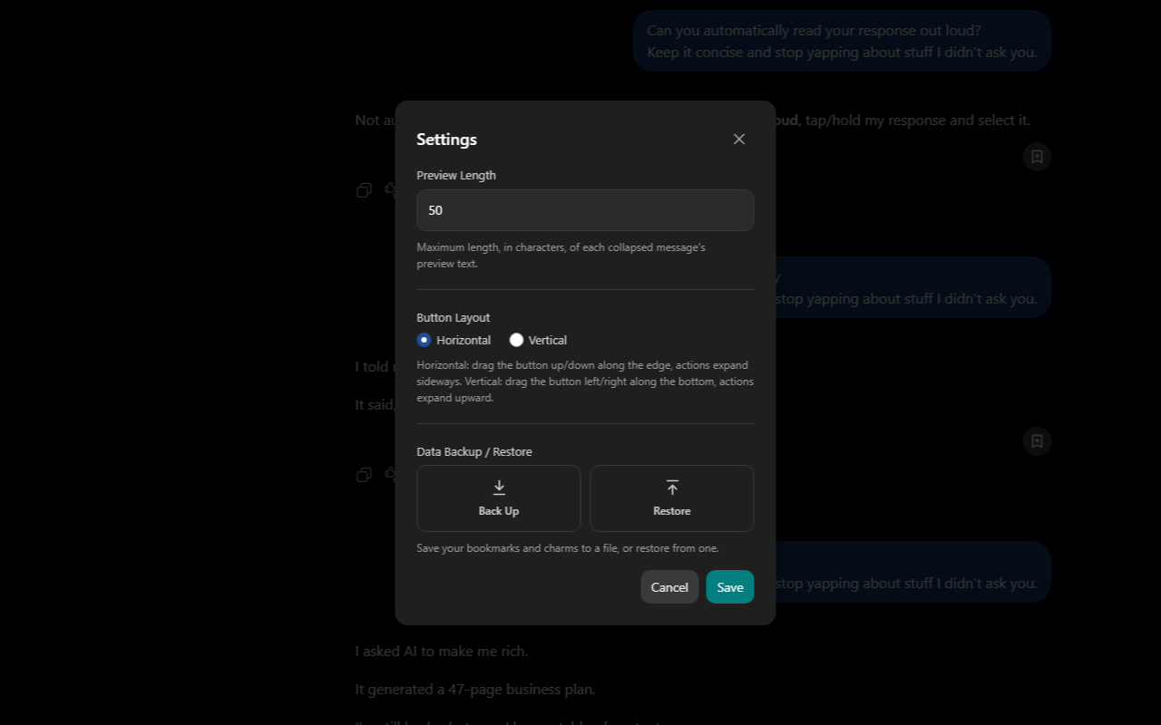 Conversation Booster settings showing data backup and restore controls