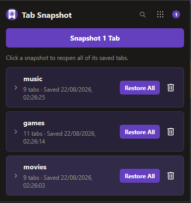 Cap Snapshot showing three named saved tab sessions