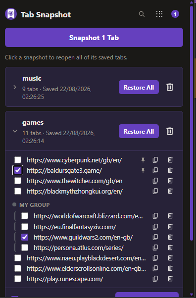 Cap Snapshot with a saved games session expanded to show individual tabs