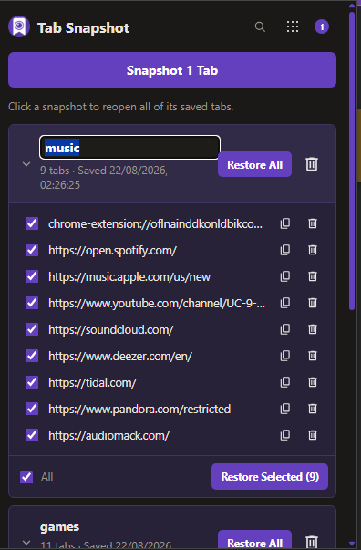 Cap Snapshot editing a music session and selecting its saved tabs